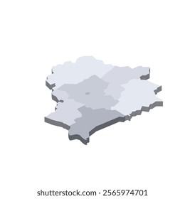 Belarus political map of administrative divisions - regions and one autonomous city. 3D isometric blank vector map in shades of grey.