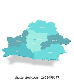 Bielo-Rússia mapa político de divisões administrativas - regiões e uma cidade autônoma. Mapa de vetor turquesa 3D com rótulos de nome.