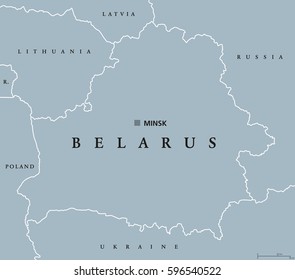 Belarus political map with capital Minsk, national borders and neighbors. Formerly known as Byelorussia. Republic and landlocked country in Eastern Europe. Gray illustration. English labeling. Vector.