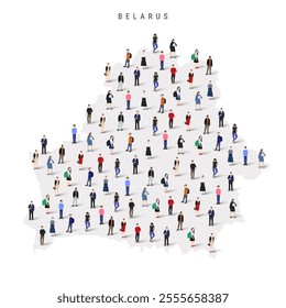 Belarus population map. Large group of realistic a diverse crowd of people figures in a shape of Belorussian map. Flat vector illustration isolated on white.