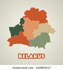 Belarus poster in retro style. Map of the country with regions in autumn color palette. Shape of Belarus with country name. Astonishing vector illustration.