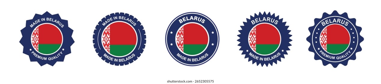 Conjunto de etiquetas de produto Belarus. Bandeira da Bielorrússia, prêmio feito na Bielorrússia. Etiquetas, selos, carimbos, bandeiras, ícones