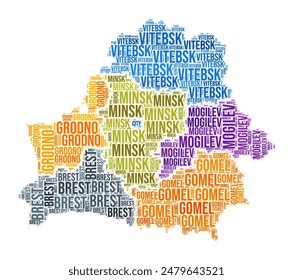 Belarus region word cloud. Country shape design. Belarus colored illustration. Region names collage cloud. Vector illustration.