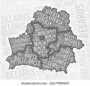 Weißrussland Regionen Karte Wort Wolke. Regionale Namen für Belarus. Schwarz-weißes Kartendesign. Elegante Vektorgrafik.