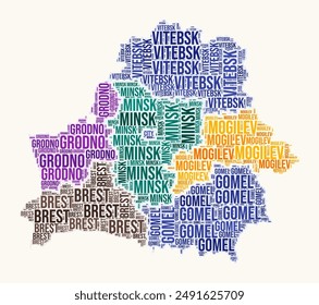 Belarus regions word cloud. Country logo design. Regions typography style vector image. Belarus colored text cloud. Trending vector illustration.