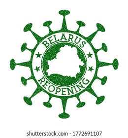 Belarus Reopening Stamp. Green round badge of country with map of Belarus. Country opening after lockdown. Vector illustration.