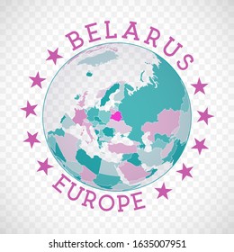 Belarus round logo. Badge of country with map of Belarus in world context. Country sticker stamp with globe map and round text. Radiant vector illustration.