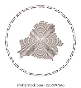 Belarus round logo. Digital style shape of Belarus in dotted circle with country name. Tech icon of the country with gradiented dots. Astonishing vector illustration.