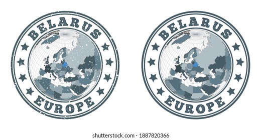 Belarus round logos. Circular badges of country with map of Belarus in world context. Plain and textured country stamps. Vector illustration.