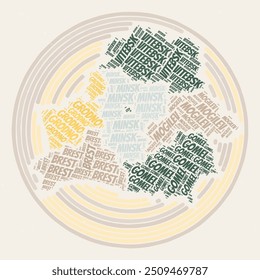 Cartaz da Redonda da Bielorrússia. Imagem de estilo tipográfico do País. Regiões nuvens de palavras de Bielorrússia. Design de imagem vintage com textura de rascunho.