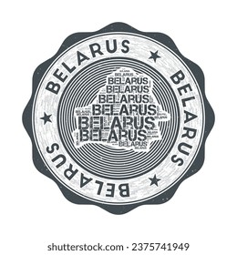 Belarus seal. Country round logo with shape of Belarus and country name in multiple languages wordcloud. Beautiful emblem. Attractive vector illustration.