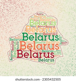 Belarus shape with country names word cloud in multiple languages. Belarus border map on triangles scattered around. Cool vector illustration.