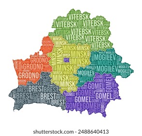 Belarus shape. Country word cloud with region division. Belarus colored illustration. Region names cloud. Vector illustration.