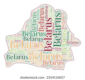 Belarus shape filled with country name in many languages. Belarus map in wordcloud style. Astonishing vector illustration.