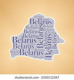 Belarus shape formed by country name in multiple languages. Belarus border on stylish striped gradient background. Vibrant poster. Attractive vector illustration.