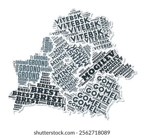 Belarus shape text cloud. Country border with shadow on white background. Belarus with regions division in vintage gazette style. Trending vector illustration.