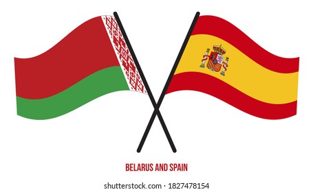 Belarus and Spain Flags Crossed And Waving Flat Style. Official Proportion. Correct Colors.