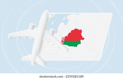 Belarus Travel Illustration with Plane and National Flag. Ideal for travel agencies, promotional materials, or geographic content related to Belarus.