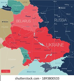 Belarus and Ukraine countries detailed editable map with regions cities and towns, roads and railways, geographic sites. Vector EPS-10 file