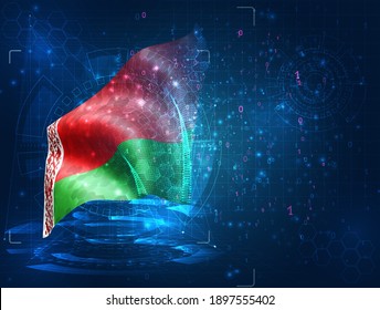 Belarus, vector 3d flag on blue background with hud interfaces