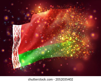 Belarus, vector 3d flag on pink purple background with lighting and flares