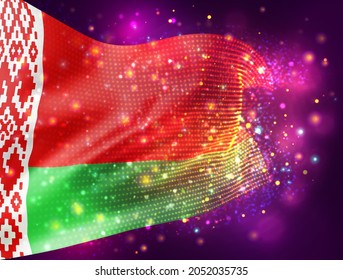 Belarus, vector 3d flag on pink purple background with lighting and flares