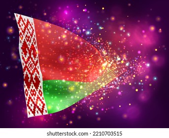 Belarus, vector 3d flag on pink purple background with lighting and flares