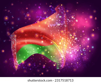Belarus, vector 3d flag on pink purple background with lighting and flares