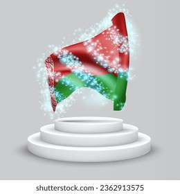 Belarus, vector 3d flag on the podium surrounded by a whirlwind of magical radiance