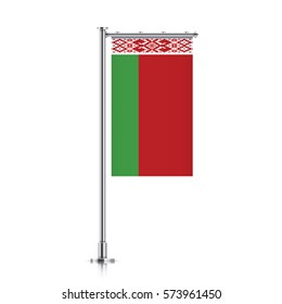 Belarus vector banner flag hanging on a silver metallic pole. Vertical Belarus flag template isolated on a white background.