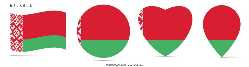 Belarus waving flag, round circle sticker badge, heart shaped icon, map pin. Belorussian flag buttons of different shapes. Vector illustration isolated on white.