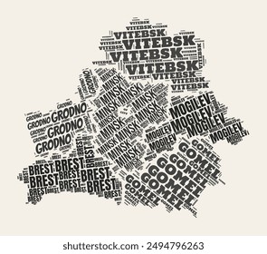 Belarus Word Cloud. Country with regions division. Belarus typographic text clouds vector image design. Vintage gazette style country shape image. Awesome vector illustration.