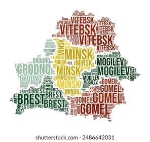 Belarus Word Cloud. Country shape with region division. Belarus typography style image. Region names tag clouds. Vector illustration.