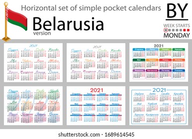 Conjunto horizontal de calendarios de bolsillo para 2021 (dos mil veintiún). La semana empieza el lunes. Año nuevo. Diseño sencillo en color. Vector