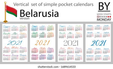 Conjunto vertical de calendarios de bolsillo de Belarús para 2021 (dos mil veintiún). La semana empieza el lunes. Año nuevo. Diseño sencillo en color. Vector