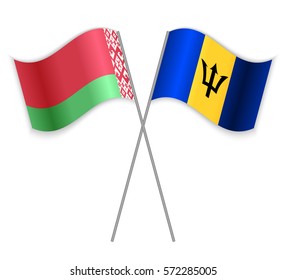 Belarusian and Barbadian crossed flags. Belarus combined with Barbados isolated on white. Language learning, international business or travel concept.