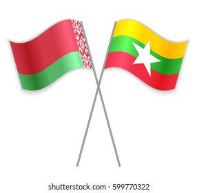 Belarusian and Burmese crossed flags. Belarus combined with Myanmar isolated on white. Language learning, international business or travel concept.