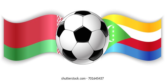 Belarusian and Comoran wavy flags with football ball. Belarus combined with Comoros isolated on white. Football match or international sport competition concept.