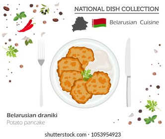 Belarusian Cuisine. European national dish collection. Potato pancakes isolated on white, infographic. Vector illustration