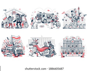 Belarusian democracy movement icons depicting Belarus political events. Such as street protest demonstrations, March of Freedom, inauguration and other democracy revolution scenes in line art design.