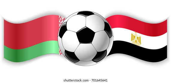 Belarusian and Egyptian wavy flags with football ball. Belarus combined with Egypt isolated on white. Football match or international sport competition concept.