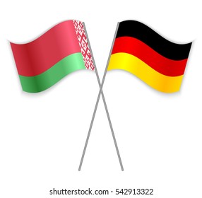 Belarusian and German crossed flags. Belarus combined with Germany isolated on white. Language learning, international business or travel concept.