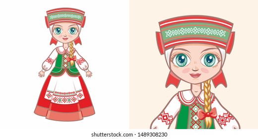 Belarusian national costume. Girl in ethnic clothing of Belarus