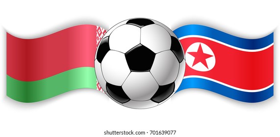 Belarusian and North Korean wavy flags with football ball. Belarus combined with North Korea isolated on white. Football match or international sport competition concept.