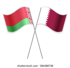 Belarusian and Qatari crossed flags. Belarus combined with Qatar isolated on white. Language learning, international business or travel concept.