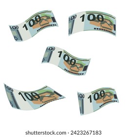 Belarusian ruble Vector Illustration. Belarus money set bundle banknotes. Falling, flying money 100 BYN. Flat style. Isolated on white background. Simple minimal design.