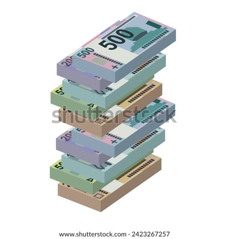 Belarusian ruble Vector Illustration. Belarus money set bundle banknotes. Paper money 20, 50, 100, 200, 500 BYN. Flat style. Isolated on white background. Simple minimal design.