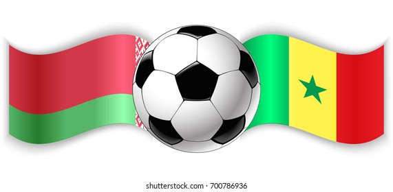 Belarusian and Senegalese wavy flags with football ball. Belarus combined with Senegal isolated on white. Football match or international sport competition concept.
