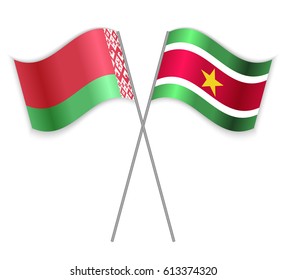 Belarusian and Surinamese crossed flags. Belarus combined with Suriname isolated on white. Language learning, international business or travel concept.