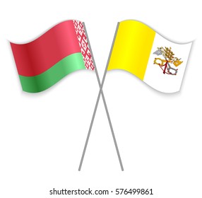 Belarusian and Vatican crossed flags. Belarus combined with Vatican City State isolated on white. Language learning, international business or travel concept.